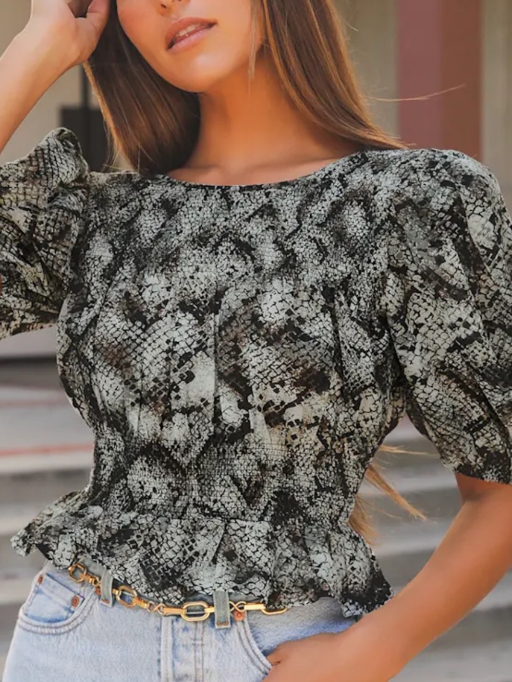 Free People XOXO snake-print smocked puff-sleeve top